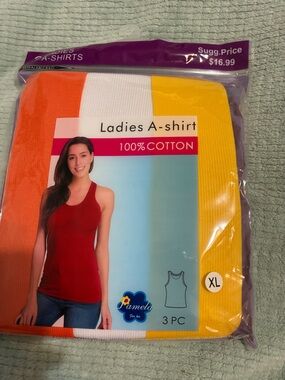 Ladies A-Shirt 3-Pack Cotton Tank Tops - Orange, White, Yellow, size XL